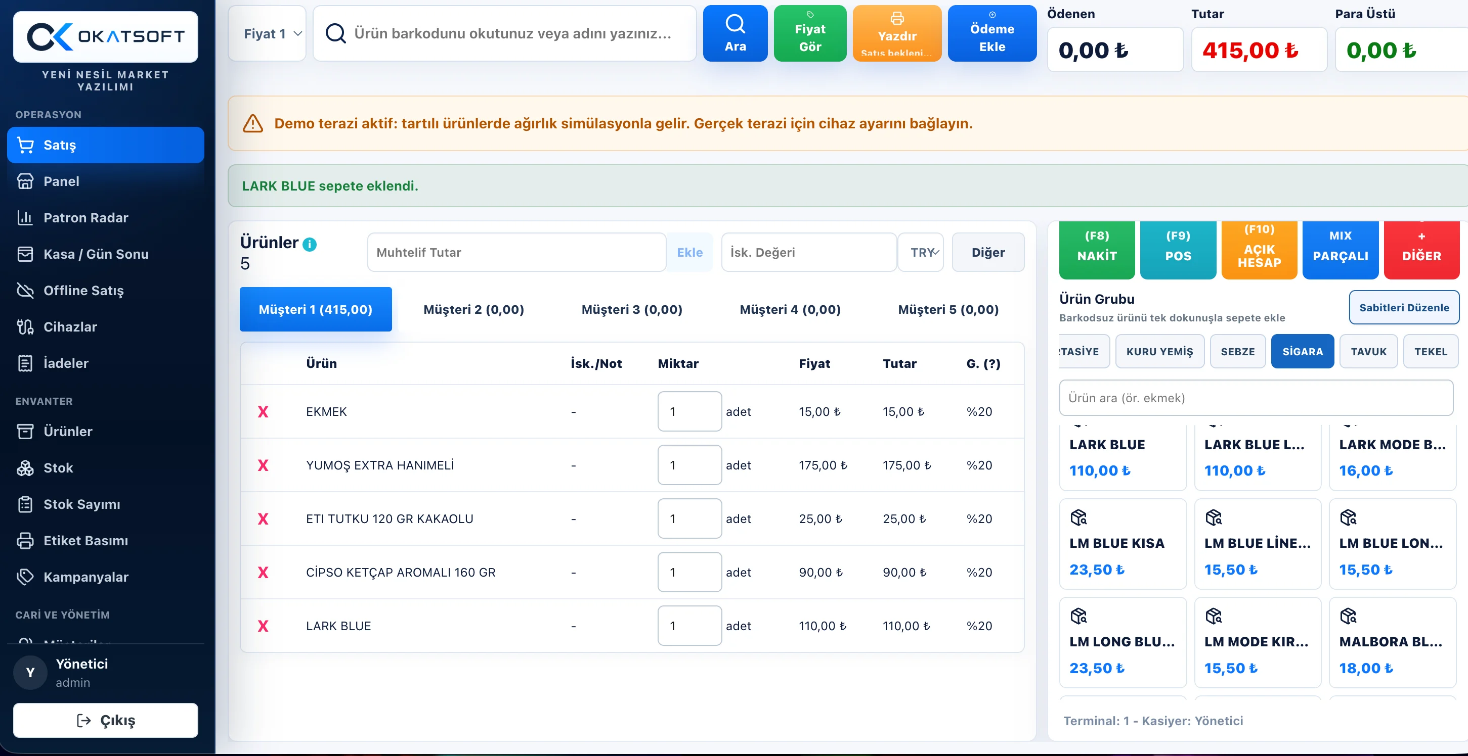 Market barkodlu satış programı kasa ekranı: barkod okutma, sepet, nakit ve POS ödeme